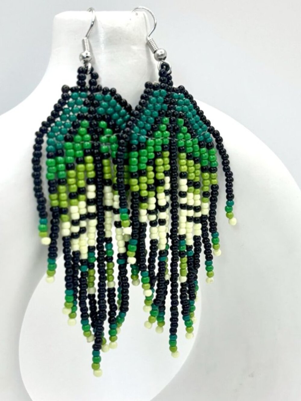 Nature-Inspired Green Gradient Leaves Hand Beaded Tassel Dangle Earrings New